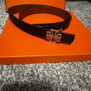 Tory Burch Reversible Black & Brown Belt with Gold Emblem